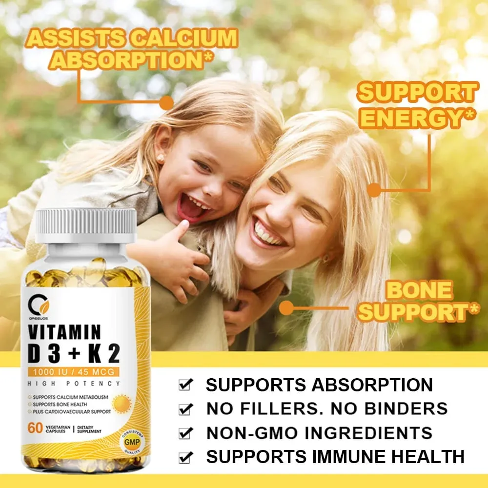 D3 + K2 Vitamin Dietary Supplement - Bone and Heart Health Support Help Regulate Calcium Metabolism - 120 Softgels