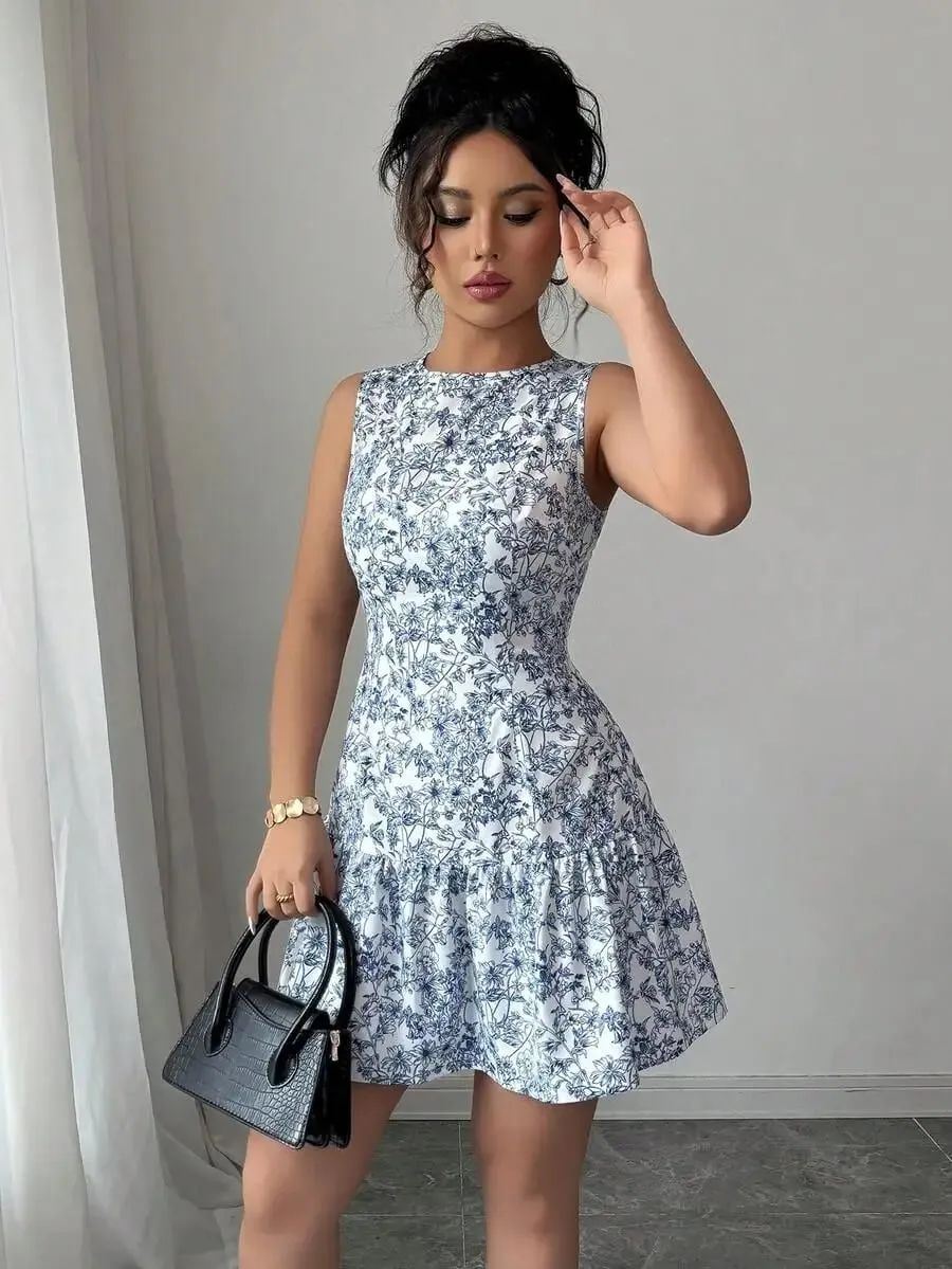 Spring/Summer Boho And French-Style Blue And White Floral Dress Sleeveless With A Round Neckline