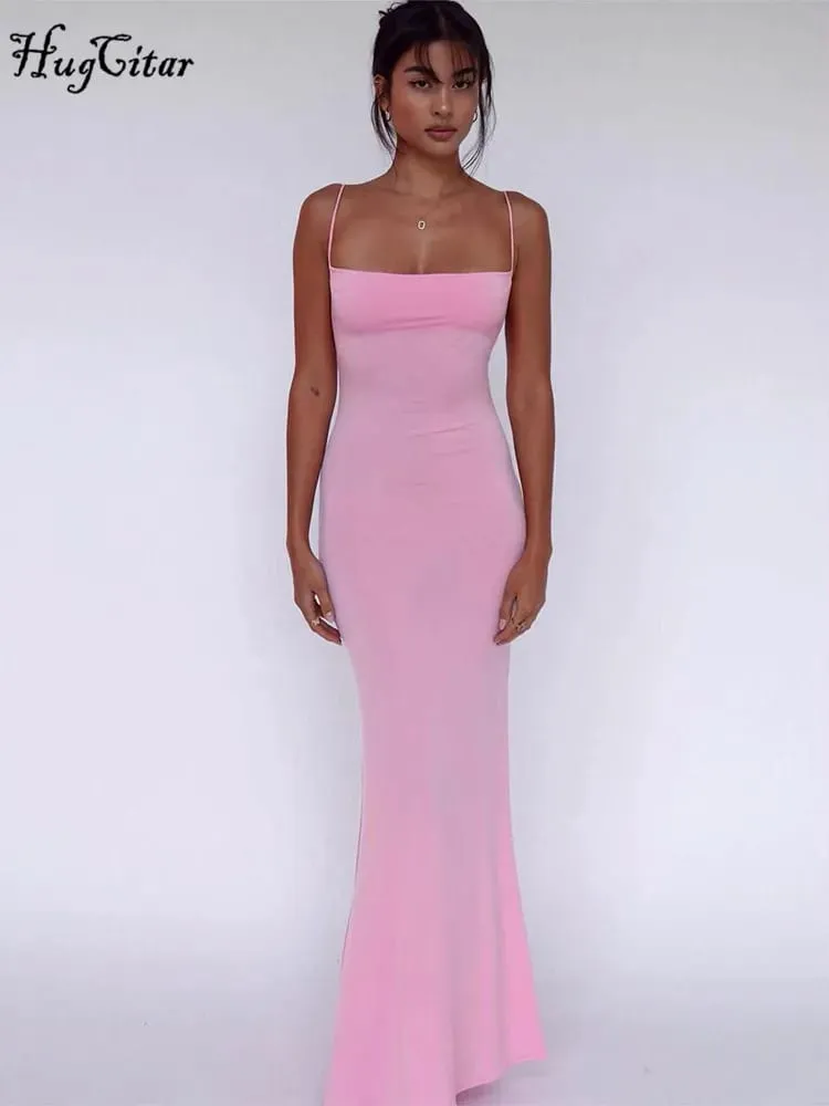Hugcitar Summer Solid Sleeveless Backless Elegant Sexy Bodycon Y2K Maxi Prom Dress Women Clothes Birthday Party Casual Y2K