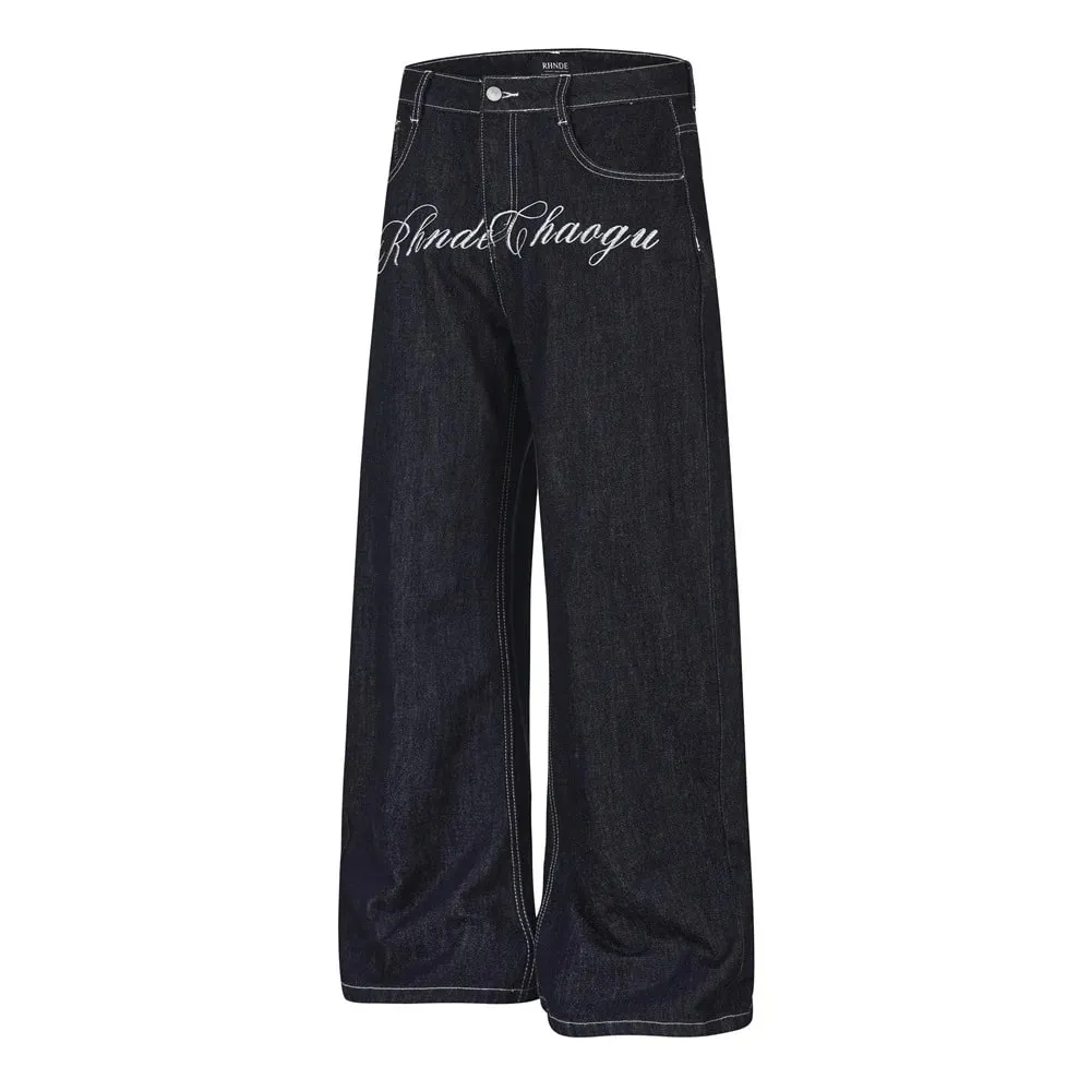 Men's Jeans High Street Trendy Vibe Workwear Letter Floral Embroidery Unique Loose Wide-Leg Trousers 2026 Autumn 17559