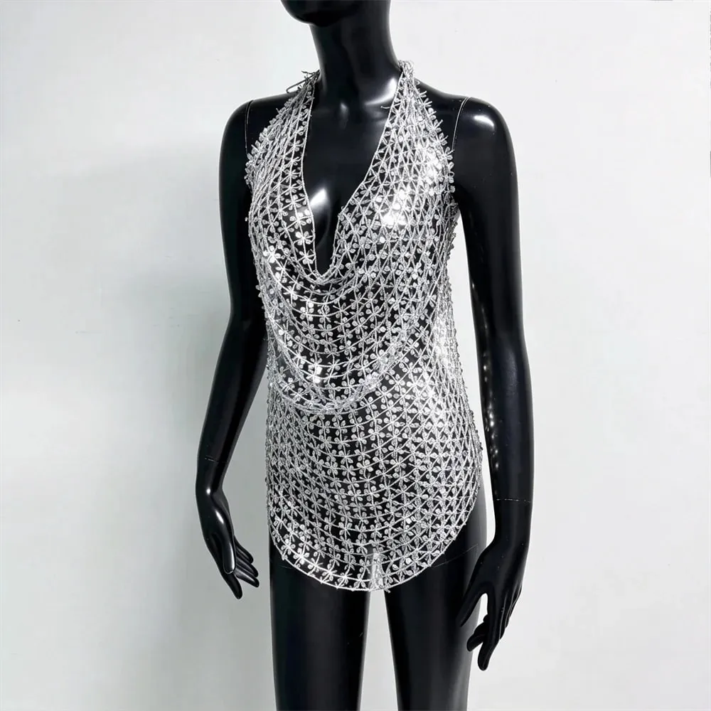 Women Shiny Acrylic Sequins Hollow Tank Top Sexy Deep V Neck Backless Halter Neck See Through Cover Up Camisole Beach Party Tops