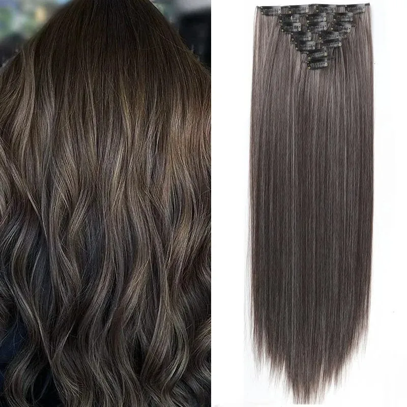 7 Clips In Hair Extensions Long Straight Hairstyle Pink 60CM Natural Synthetic Hair Daily Use Hairpiece For Women