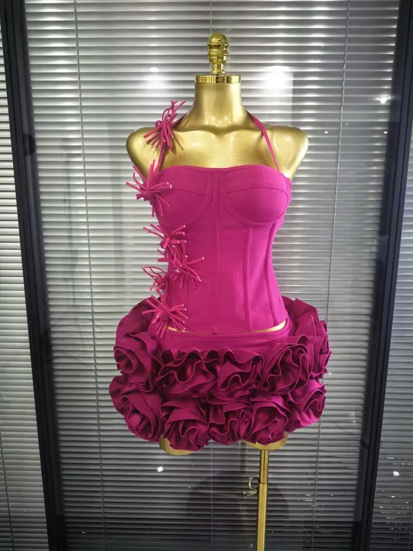 Women Sexy Halter Full Florals 2 Pieces Bodycon Mini Bandage Dress Celebrate Nightclub Party Birthday Outfit