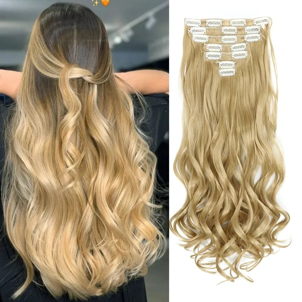 Synthetic 24Inch 16Clips Long Curly Hair Extension Heat Resistant Hair Extension Clips In Ombre Black Brown Blond Women