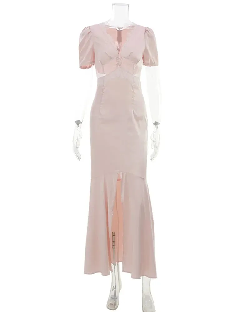 Long Dresses V-Neck Fashion Sheath Party Daily Casual French For Women Soft Gentle Solid Lace Spliced Short Sleeves Summer