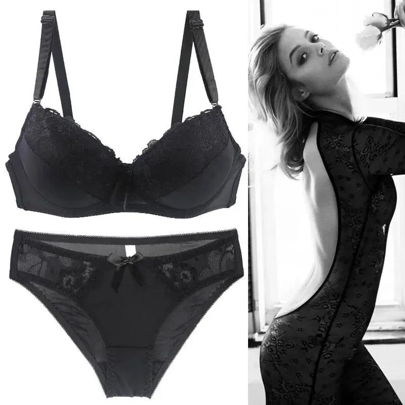 Women Push Up Bra Set Lace Thong Underwear Solid Bow Lingerie Plus Size 70-105 BCDE Cup Female Intimates