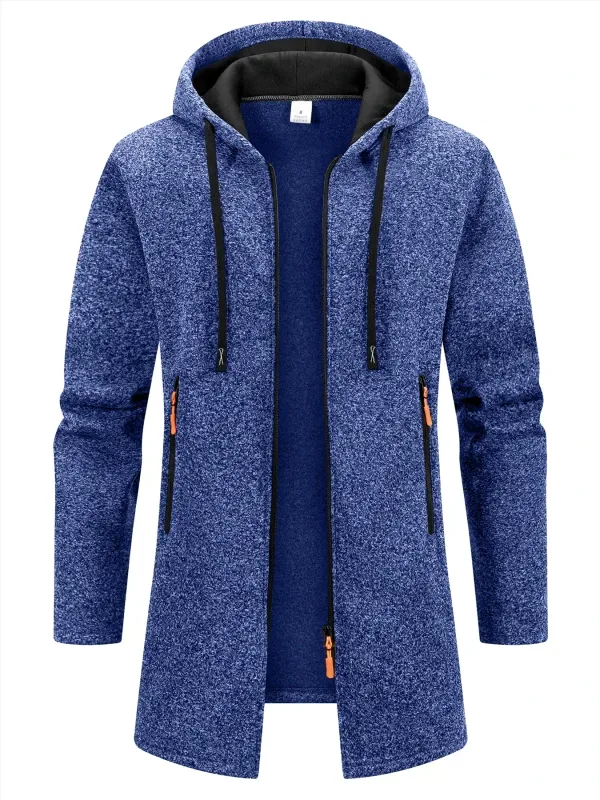 2Pcs Set Men Mid-Length Full Zip Hooded Jacket Fleece Lined Warm Coat with Drawstring Hood & Zipper Pockets Casual Outerwear for Fall Winter Daily Wear
