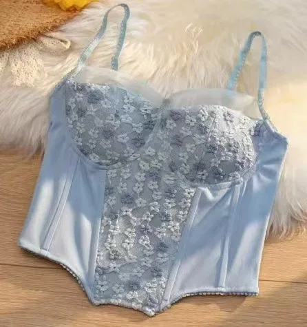 Women Lace Boned Corset Tops Ruched Camisole Bustier With Chest Pads Elegant Daily Outer Wear Backless Sexy Lingerie Tank Top