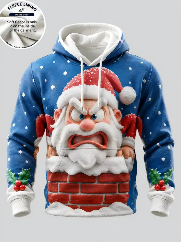 Men Fleece Lined Hoodie Angry Santa Chimney Print Pullover Hooded Sweatshirt Christmas Party Hoody