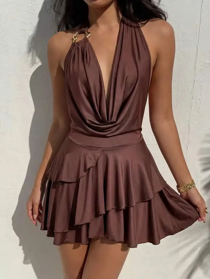 Elegant Women's Spring Summer Vacation Style Solid Color Hanging Neck Strap Backless Deep V-Neck Sexy Fashion Dress
