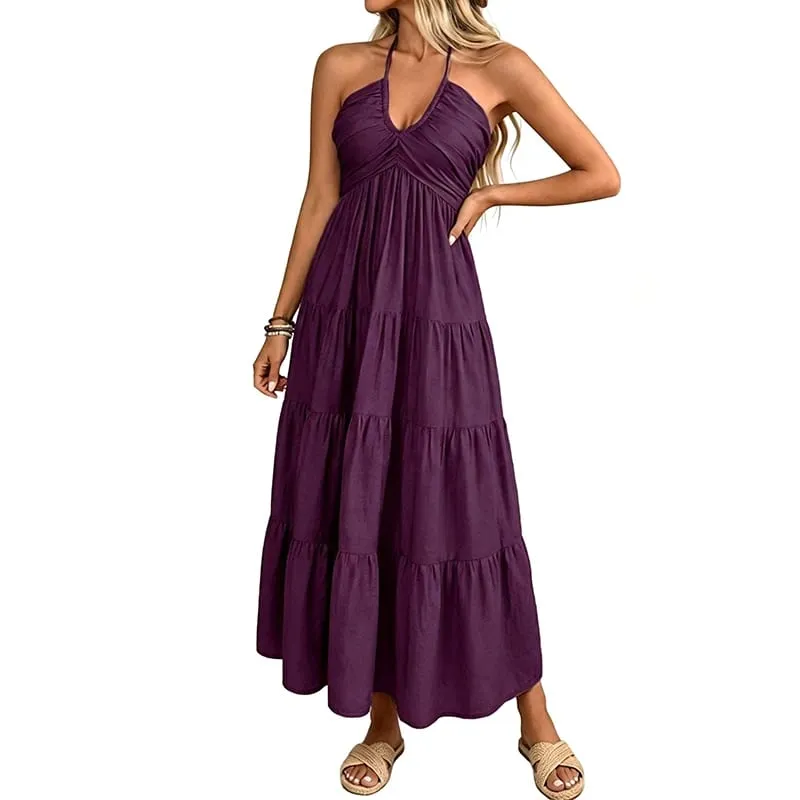 Women Summer Halter Long Maxi Dress Sleeveless V‑Neck Tiered Ruffle Sundress Casual Loose Flowy Beach Vacation Long Dresses