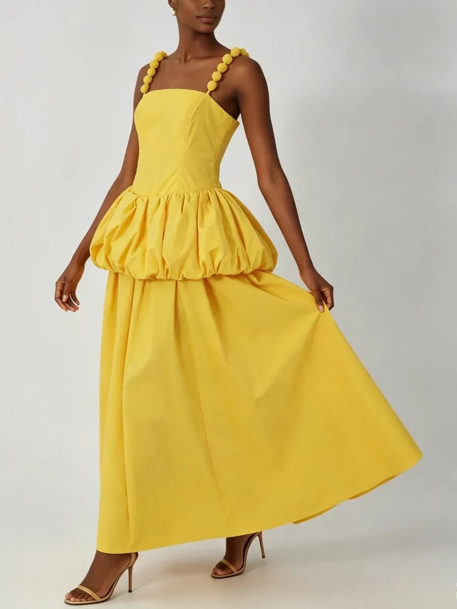 VGH Trend Yellow Maxi Dress Women Square Collar Sleeveless Folds Elegant Long Skirt for Club Evening Party Summer Fashion New