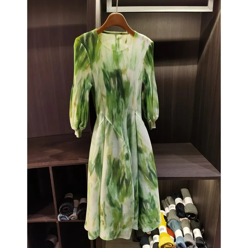 Spring New Oil Painting Print Ruched Dress Women's Beach Vacation Platycodon French Long Dress Fairy Style
