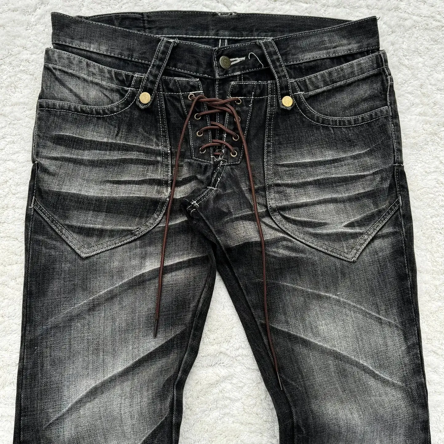 Y2K Distressed Flare Jeans Gothic Men Double Waist Lace Up Denim Pants Retro Washed Scratches Streetwear Unisex Bootcut Jeans