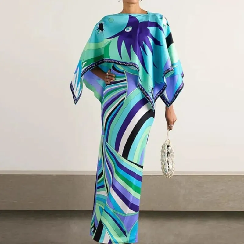Vrouwen Tropische Bladprint Cape Tweedelige Set Batwing Losse Top Hoge Taille Maxi Jurk 2026 Zomer Mode Vakantie Casual Pak