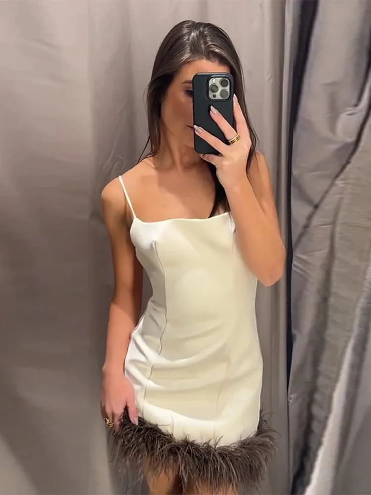 Fashion 2026 Elegant French Splicing Feather Mini Dress Women's Sleeveless Backless Party Sling Dresses Evening Party Gowns
