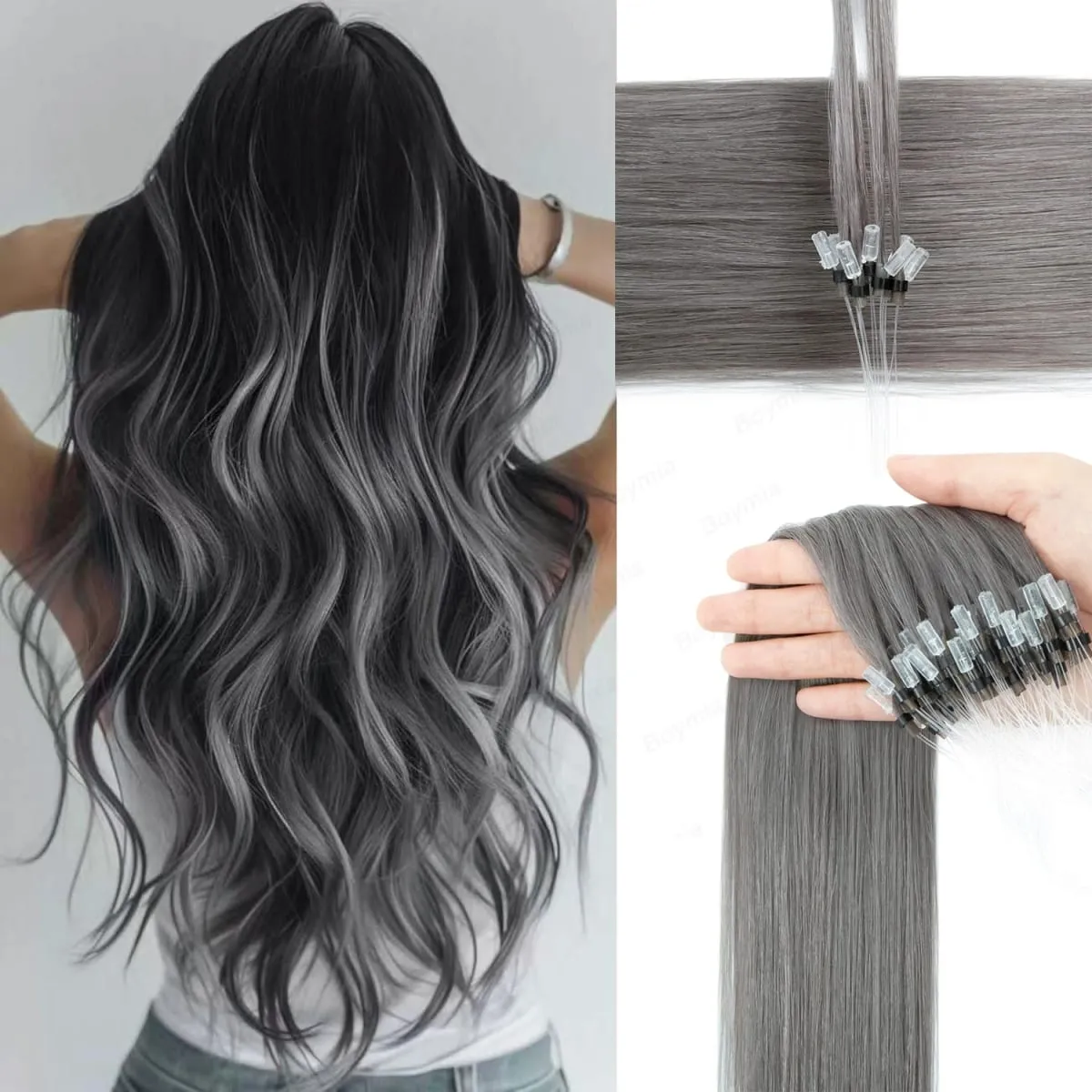 Colored Micro Link Hair Extensions Human Hair No Glue Virgin Human Hair for Women Girls 50 Strands Colorful 30G Gray