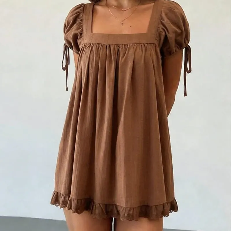 Bohemian Puff Sleeve Maternity Dress Women Square Neck A-line Mini Ruffled Dresses Fairy Vintage Loose Fit Flowy Short Dress — image 4