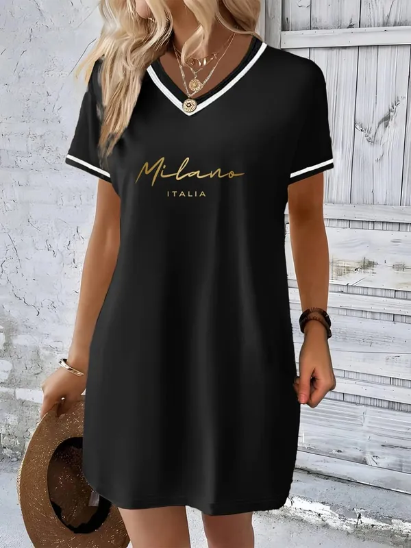 Modieuze bedrukte Amerikaanse casual stijl kleurblok V-hals korte mouwen lange top losse pasvorm casual en afslankende T-shirtjurk geschikt voor lente en zomer woon-werkverkeer en thuiskleding dameskleding