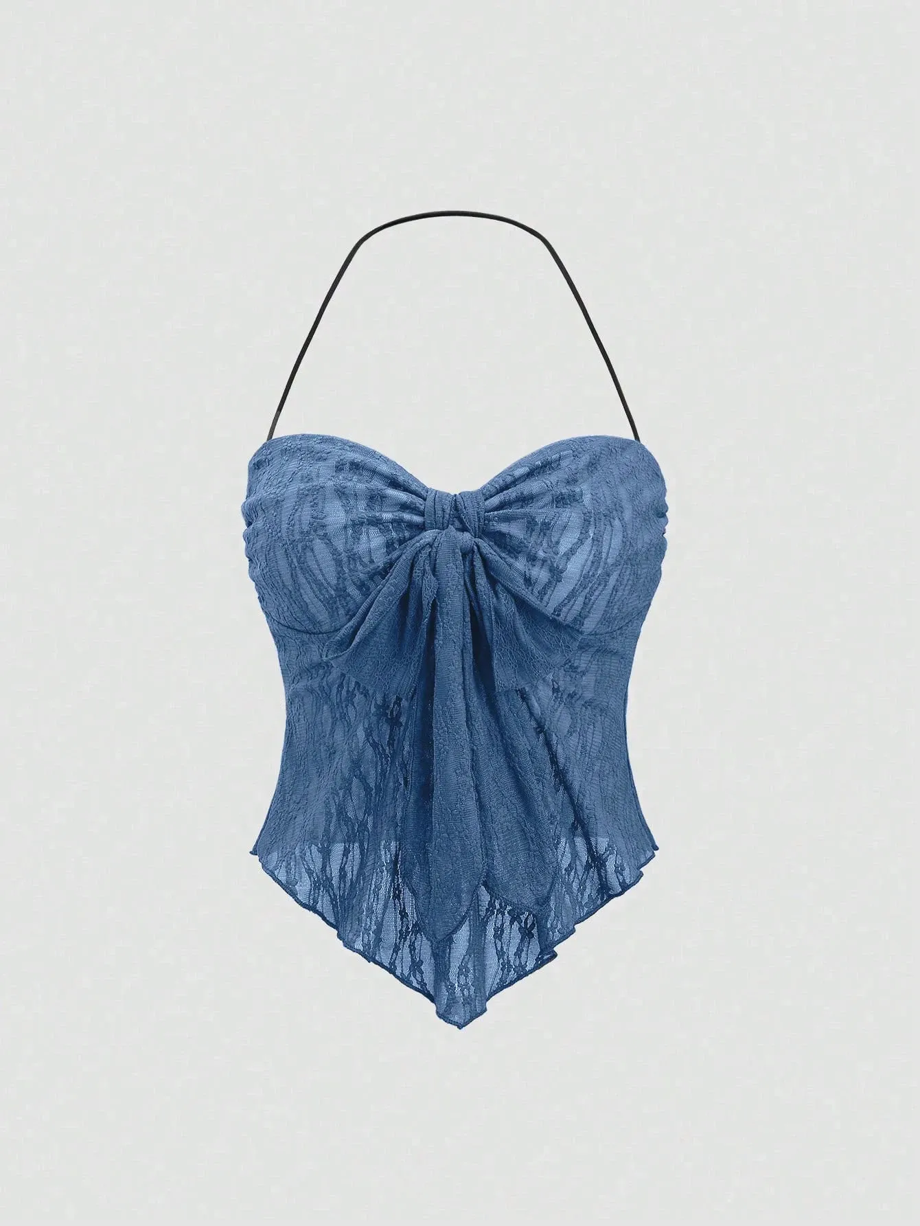 Women Halter Sweetheart Neck Front Bow Ruched Lace Slim Fit Irregular Hem Cami Top With Built In Bra 2026 Summer Vacation Solid