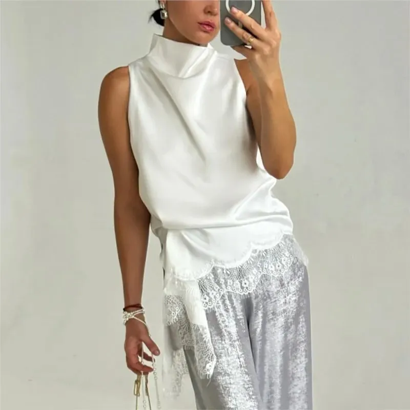 Women's Satin High Neck Lace Trim Sleeveless Tanks Summer Fashion Casual Irregular Silhouette Delicate Solid Color Tops