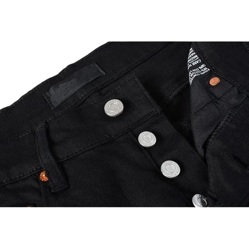 Men's Multiple Knee Ripped Slim Tapered Jeans Mid Rise Vintage Black Wash Heavily Frayed Button Fly High Street Style
