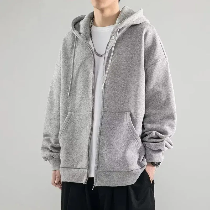 Male Clothes Black Solid Sweatshirt For Men Full Zip Up Hooded Hoodies Winter Young On Sale Offers High Quality Korean Style S