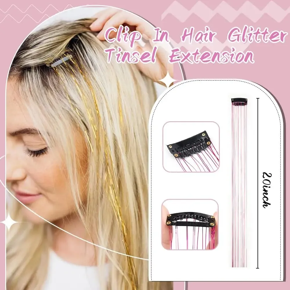 12 Pcs Colorful Clip in Hair Tinsel Extensions Fairy Glitter Hair Accessories synthetic 20‘’ Party Kit for Women Girls Kids