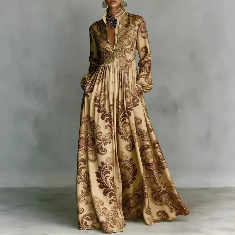 Retro Pattern Print High Waist Pleated Dress Woman Spring Shirt Collar Button Pockets Maxi Dress Long Sleeve Boho Vacation Dress