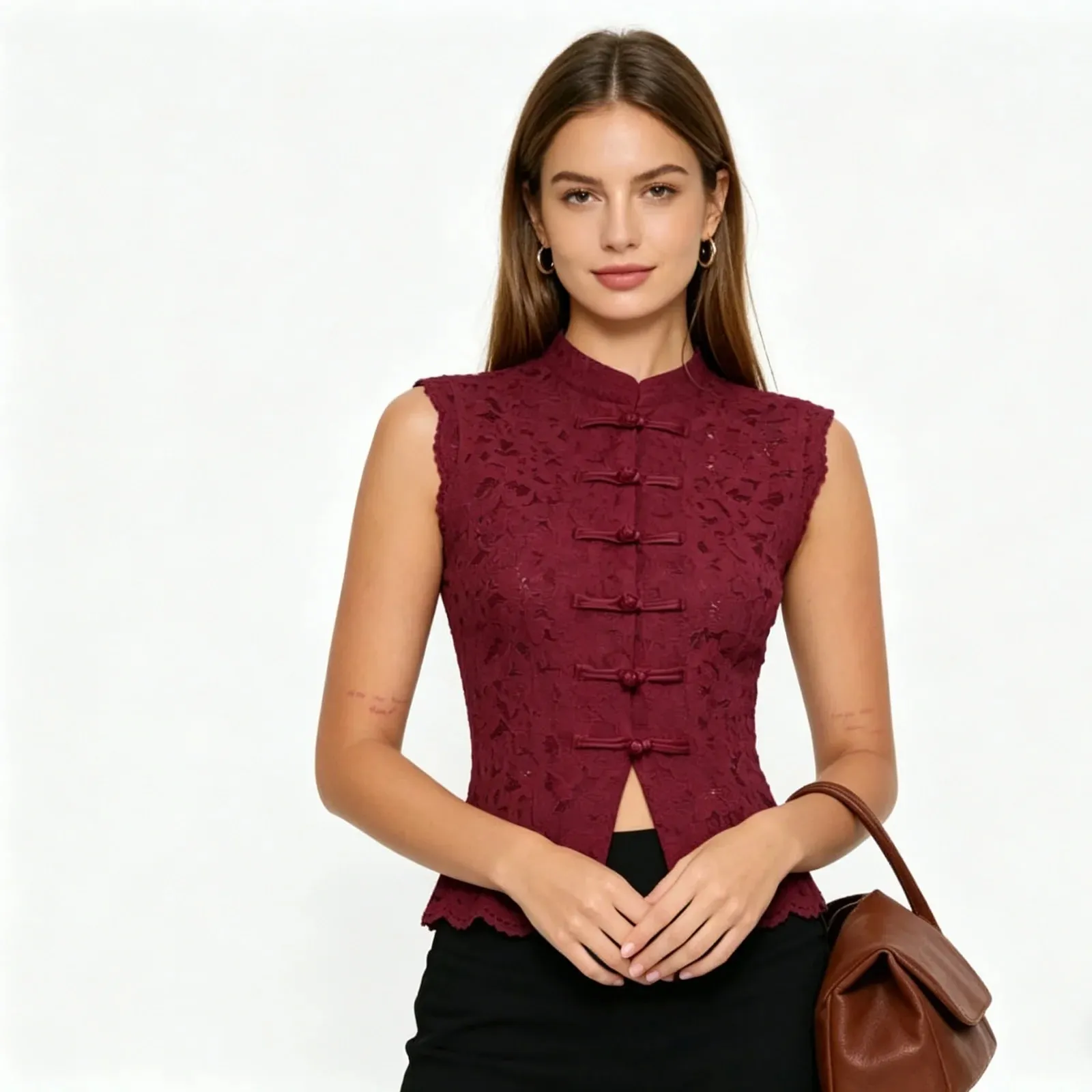 Y2K Aesthetic Solid Color Lace Crop Top Sleeveless Chinese Frog Button Vest Women's Summer Party Streetwear — image 12