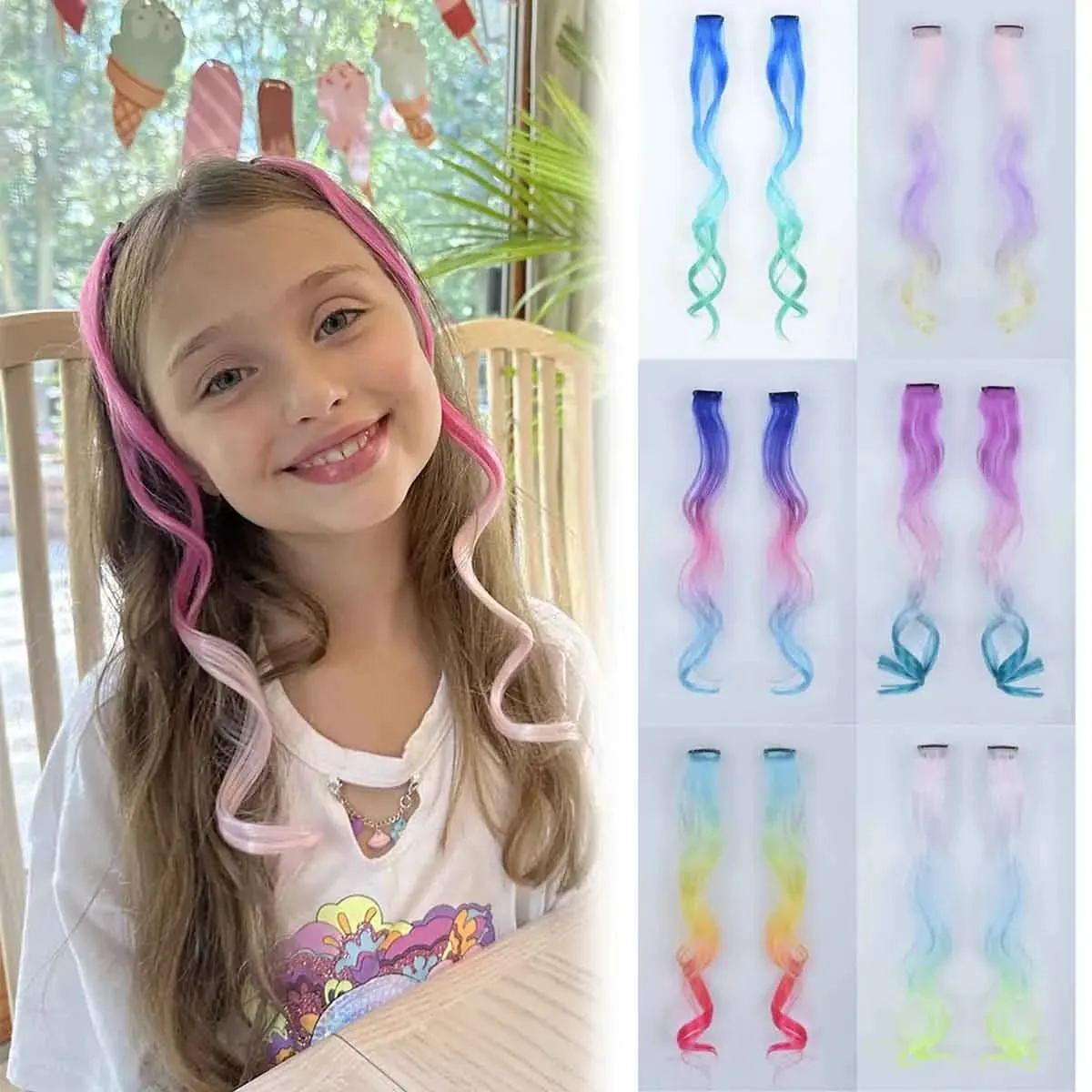 6PCS Ombre Clip In Hair Extensions Synthetic Body Wave Long Wavy Rainbow Highlight For Women Party Cosplay Festival Hair