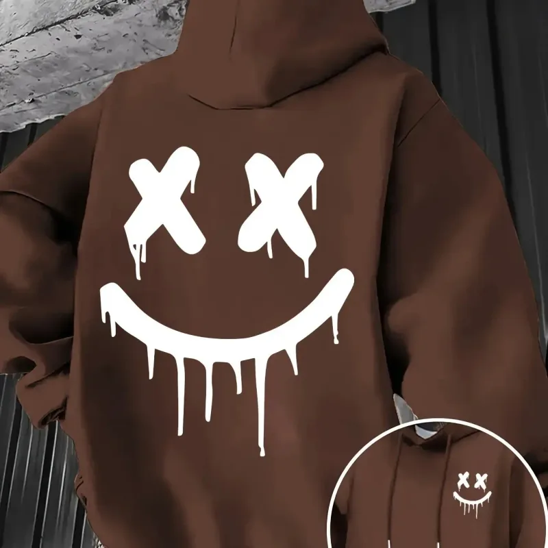 Smiley face print men's and women's autumn winter trendy printed hooded fleece sweatshirt front back casual hoodie