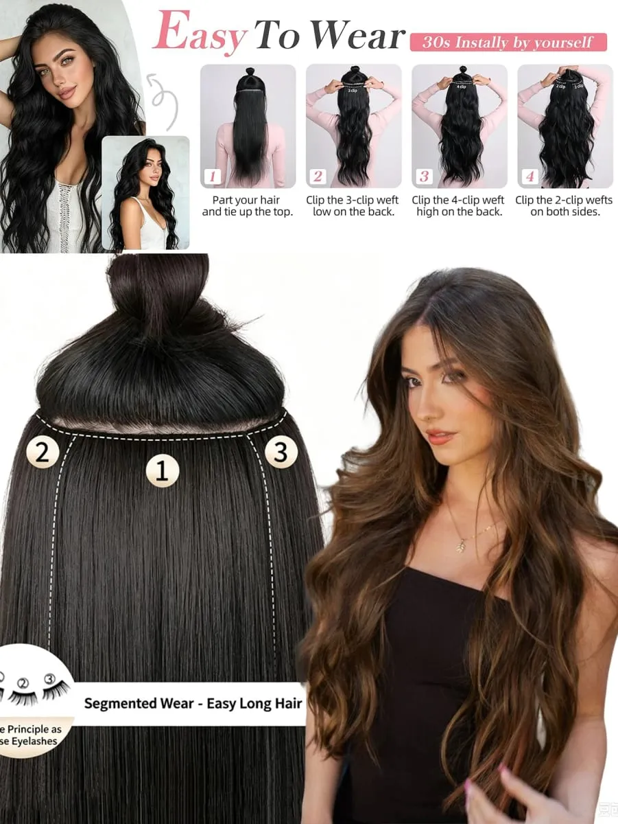 3PCS 24Inch Synthetic Long Curly Wavy Clip In Hair Extension Lightweight Black Brown Hair Accessories Invisible Women Daily