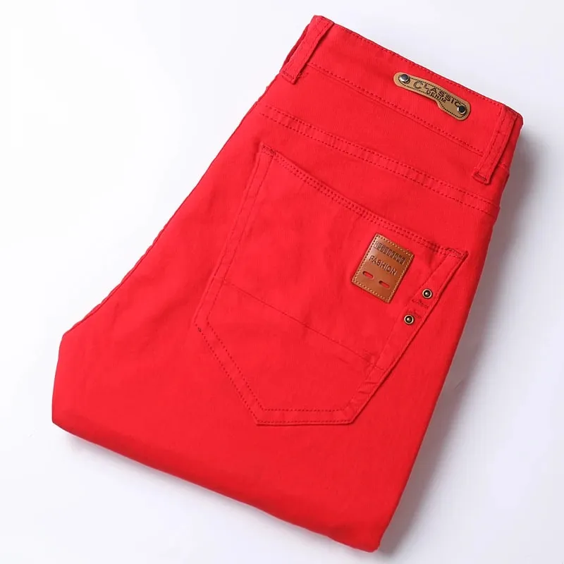 Spring New Men's Red Elastic Jeans Korean Slim Straight Leg Wash Denim Pants Comfortable Soft Casual Trendy High End Trousers