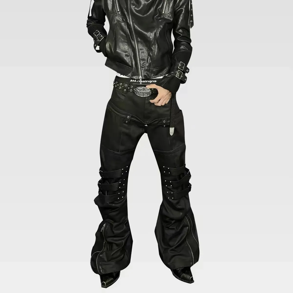 Men Women Wax Coated Skinny Stacked Jeans Double Waist Strap Buckle Patchwork Leather Gothic Punk Flared Curved Denim Pants