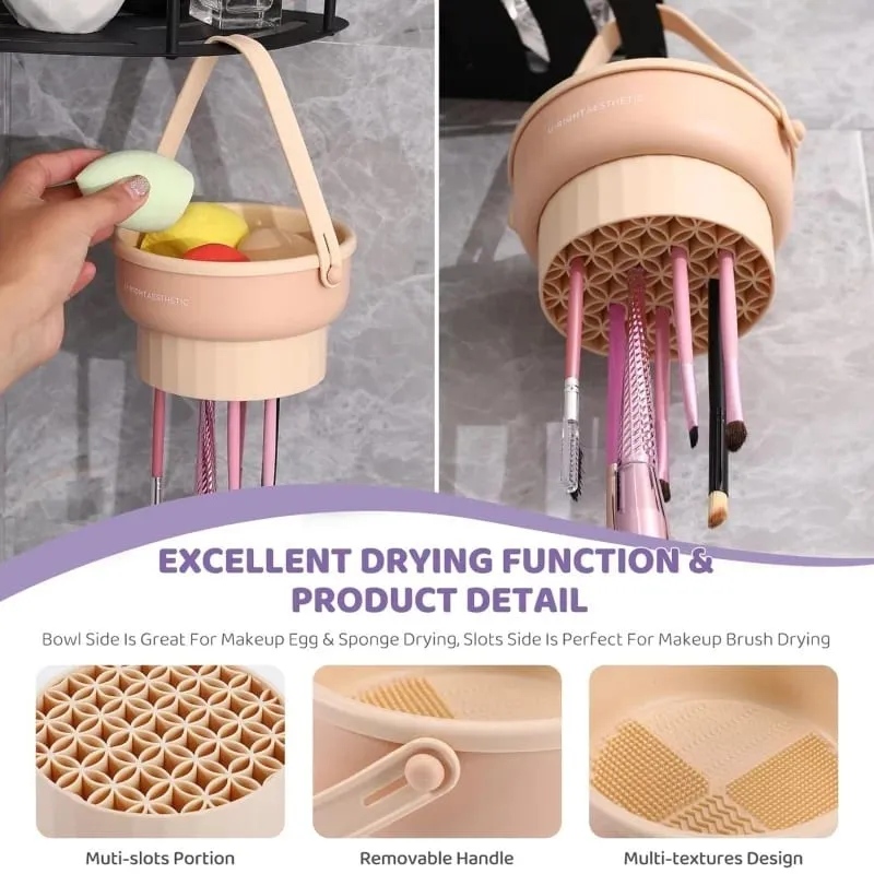 Makeup Brush Cleaner Mat 3 in 1 Silicone Washing Bowl with Brushes Scrubber Foldable Powder Puff Cosmetic Sponge Drying Tools