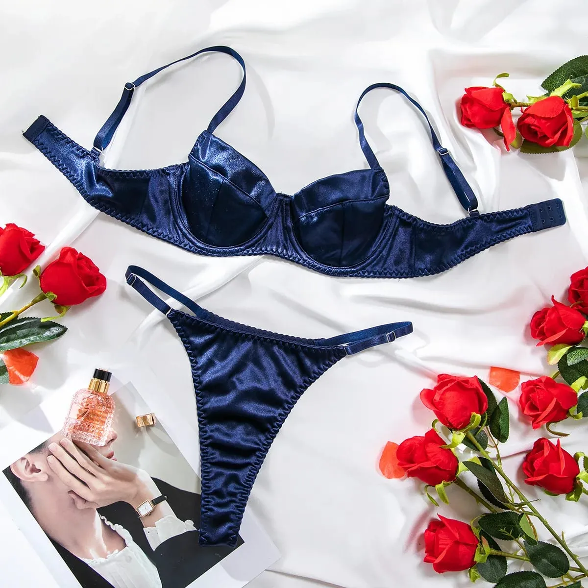 Push Up Underwire Satin 2 Pcs Sexy Bra Set Women Underwear Patchwork Bras and Thongs Suits Attractive Bilizna Intimate Set