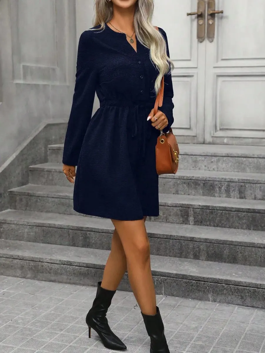 Vestido feminino azul marinho com cordão na cintura, casual, manga comprida, camisa com botão, decote em v, linha a, mini vestido para mulheres — image 3
