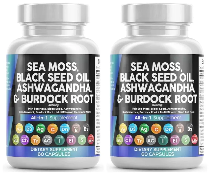 Sea Moss Kapsler indeholder sort frø gurkemeje og D-vitamin plantebaseret dagligt mineral alt i ét tilskud 60 antal pr. flaske