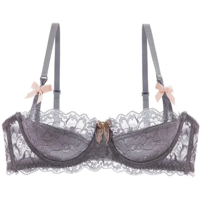 セクシー French Lace Half Cup Bra Set Bow Shoulder Strap Thin Large Bust Minimizer Pure Desire Lingerie For Teen Girls Daily Outfit