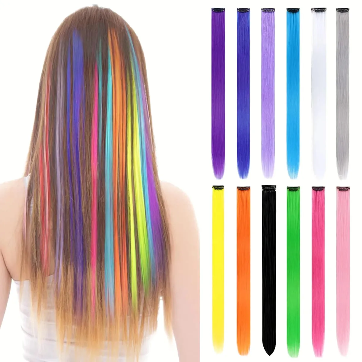 5Packs Colored Hair Extensions 22Inch Straight Color Clip in on Hair Extension Rainbow Party Highlights Synthetic Hair
