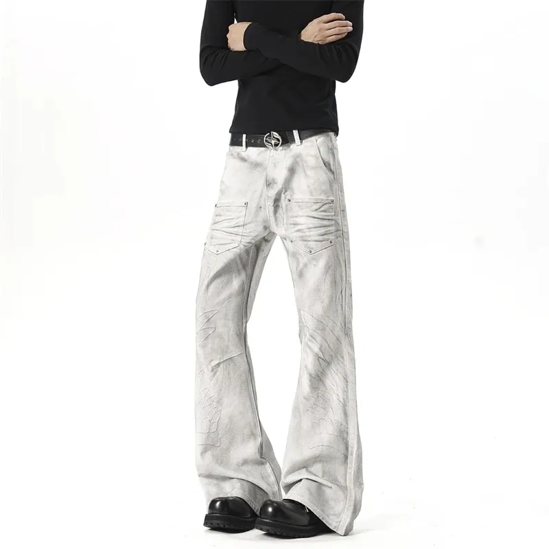 Men White‑Grey Washed Flare Jeans Embossed Pattern Rivet Decor Loose Floor‑Length Y2K Streetwear Denim Trousers 9X4397