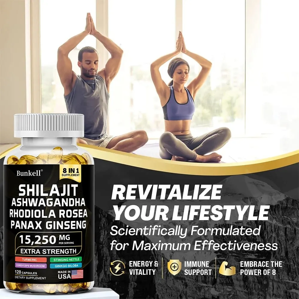 15250mg Shilajit Capsules with Ginseng Ashwagandha Turmeric Energy Supplement Muscle Mass Endurance