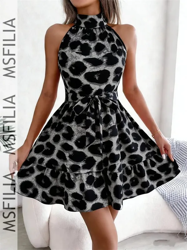 Msfilia Spring Summer Sexy Leopard Print Ruffled Dress Women Sleeveless Lace Up A Line Halter Neck Mini Dress