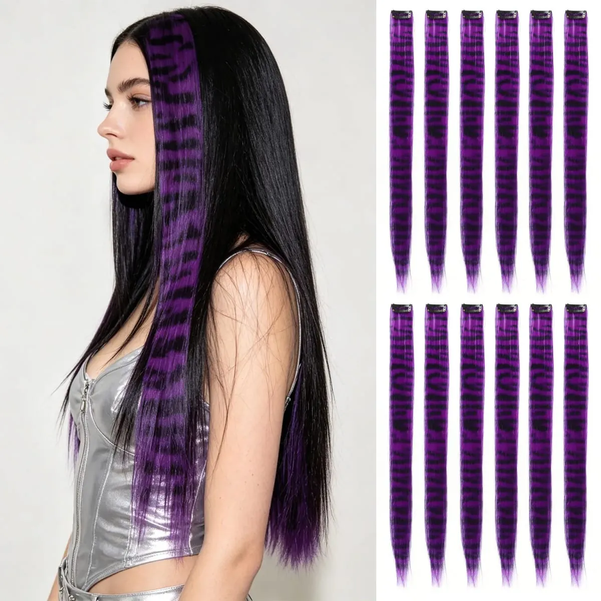 Synthetic clip in colorful striped hair Clip in feather hair extensions 18inch for women ladies daily party holiday