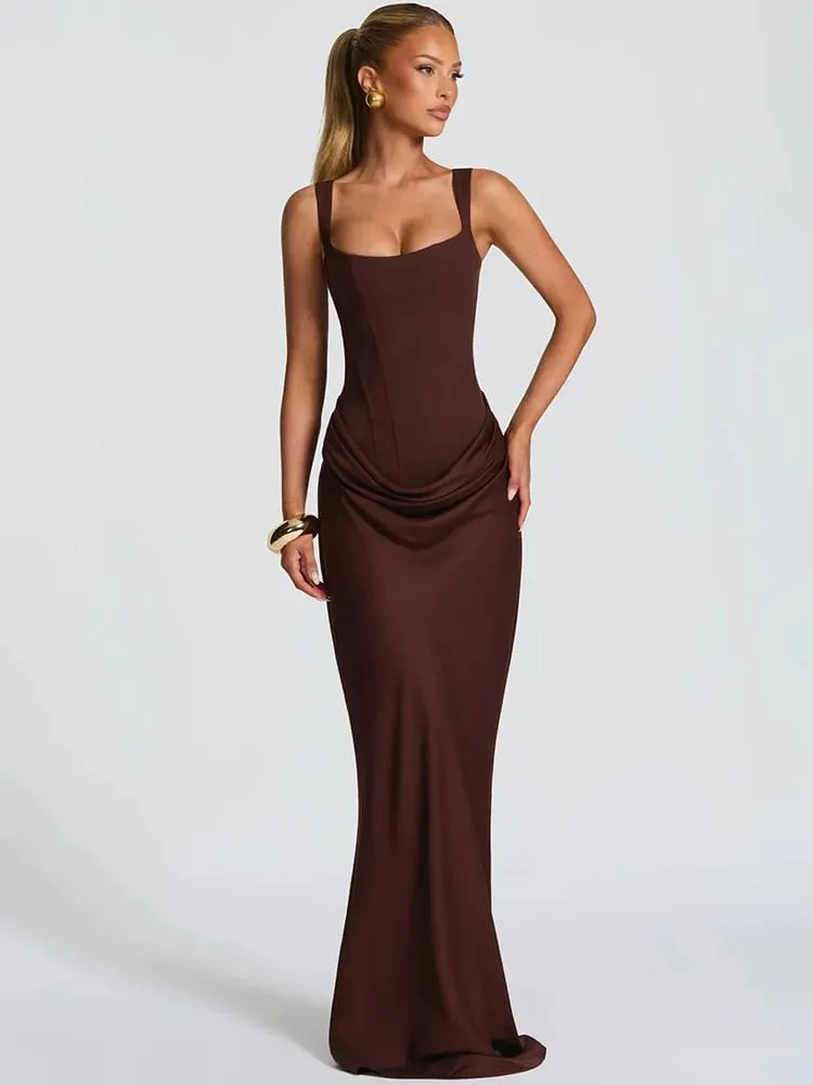 Mozision Backless Ruched Sexy Maxi Dress Women Elegant Square Collar Tapered Straps Sleeveless Bodycon Club Party Long Dress