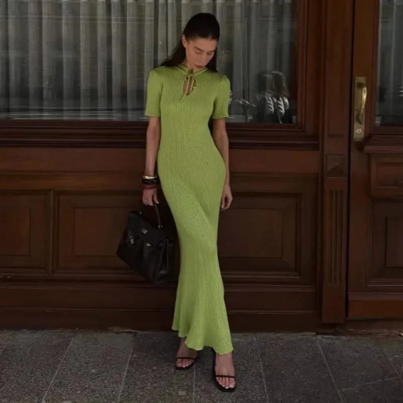 New Knitted Short Sleeve Long Length Waist Bodycon Fishtail Dress Female Hollow Out Lace Up Ribbed Patchwork Elegant Dresses
