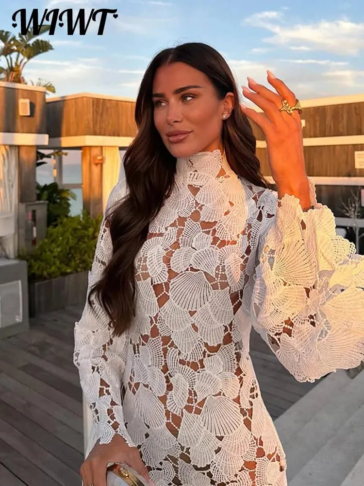 White Crochet Hollow-out Mini Dresses Women's Sexy Irregular Hem Stand Collar Full Sleeve Dress 2026 Summer New Lady Party Gowns