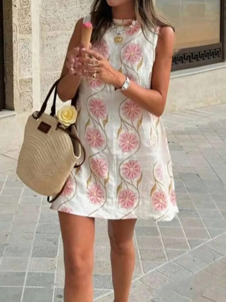 2026 Summer Women O-neck Sleeveless Print Mini Dress Fashion New Elegant Casual Loose Vacation Beach Short Dresses