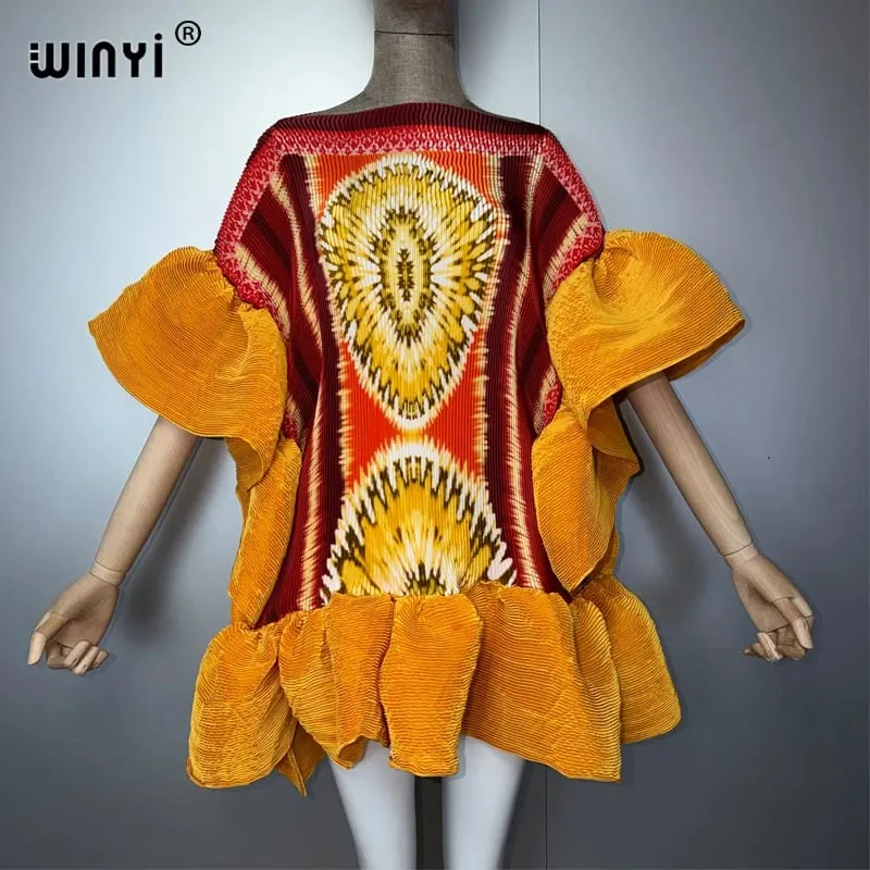 Women's Pleated Elastic Casual Short Dress Beach Cover up Kaftan Abaya Dubai Luxury Evening Wear Muslim Fashion